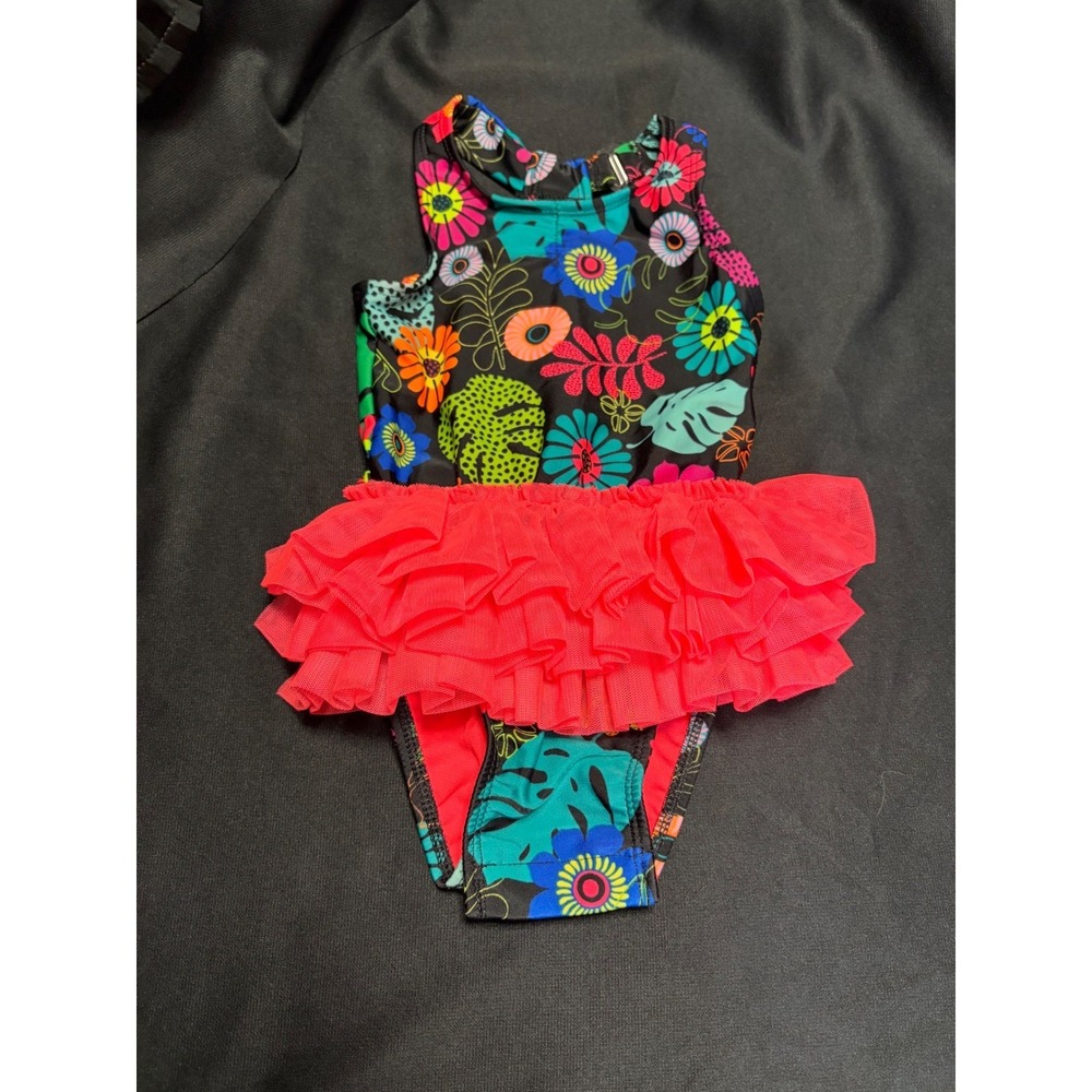 Cat & Jack Baby Girls 18M Floral Tutu One Piece Swimsuit Black Neon Ruffle